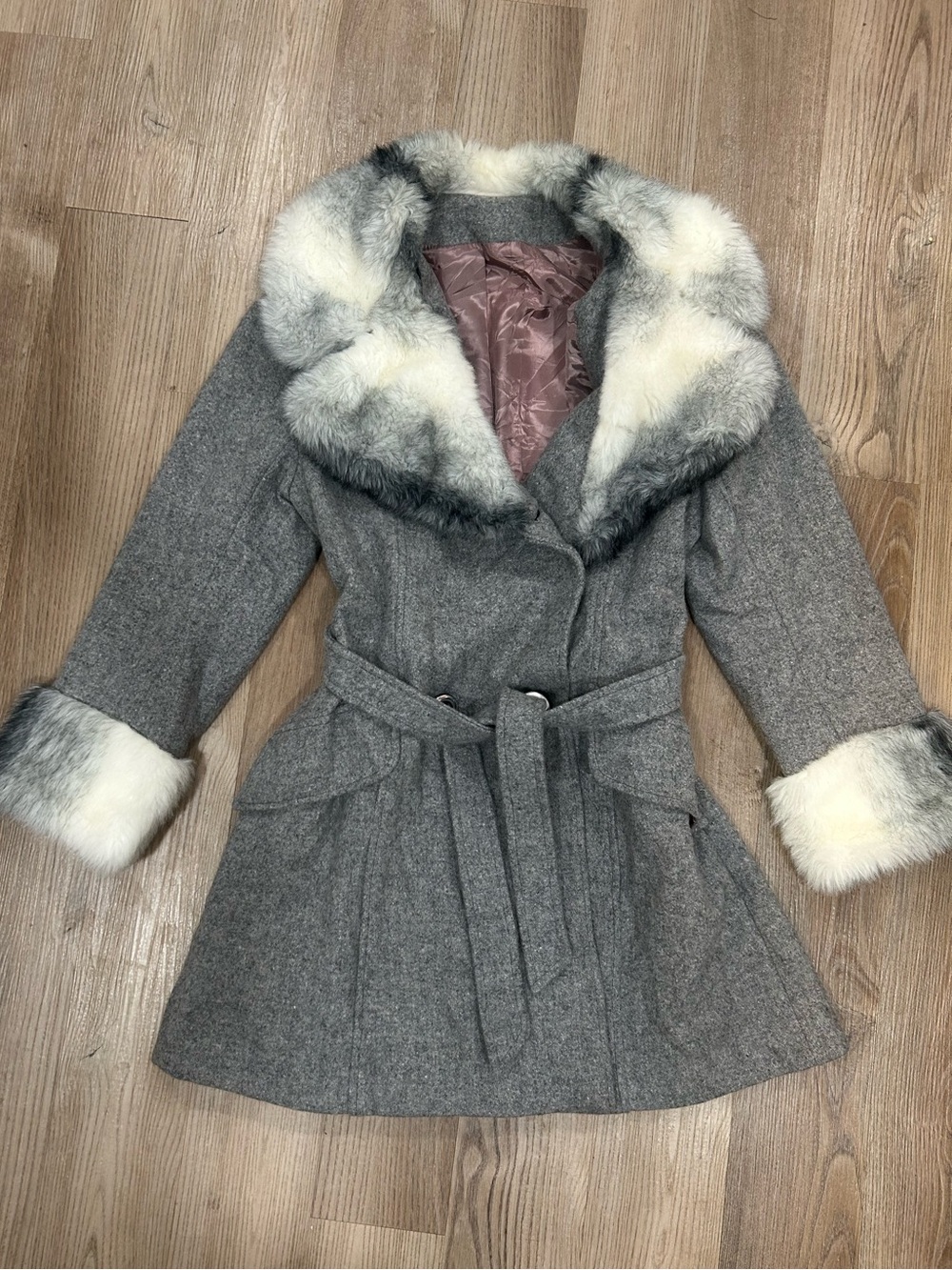 VTG Wool Belted Wrap Coat with Faux Fur Trim